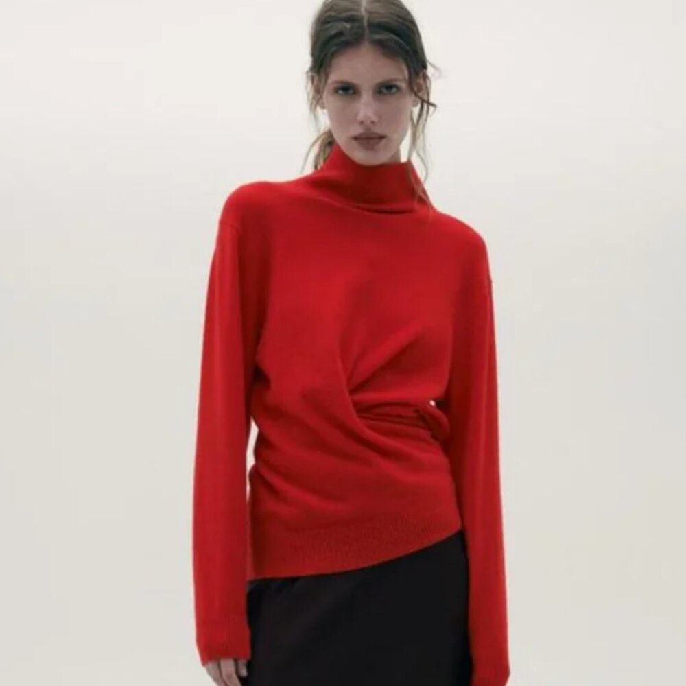 ZARA Red 100% Cashmere Sweater Jumper with Knot Size L